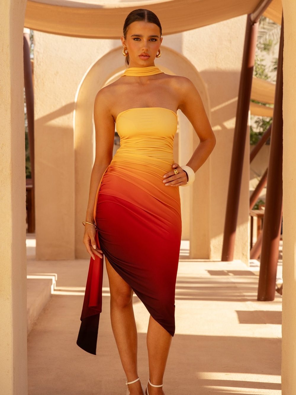Club London DANIA Orange Ombre Bandeau Asymmetric Midi Dress With Tie-Waist